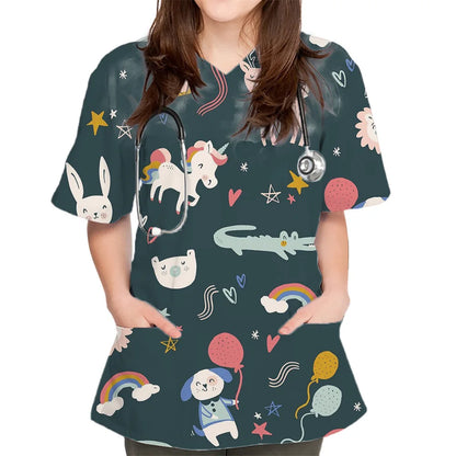 Rabbit Print V-Neck Scrub Top