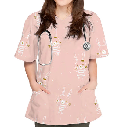 Rabbit Print V-Neck Scrub Top