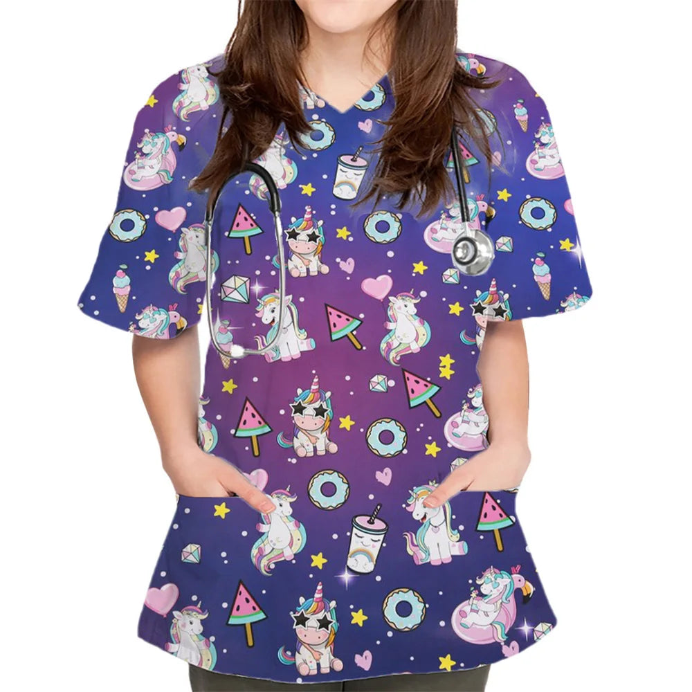 Rabbit Print V-Neck Scrub Top