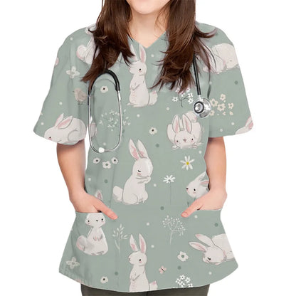 Rabbit Print V-Neck Scrub Top