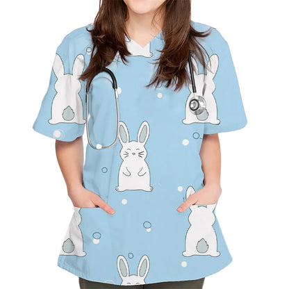 Rabbit Print V-Neck Scrub Top