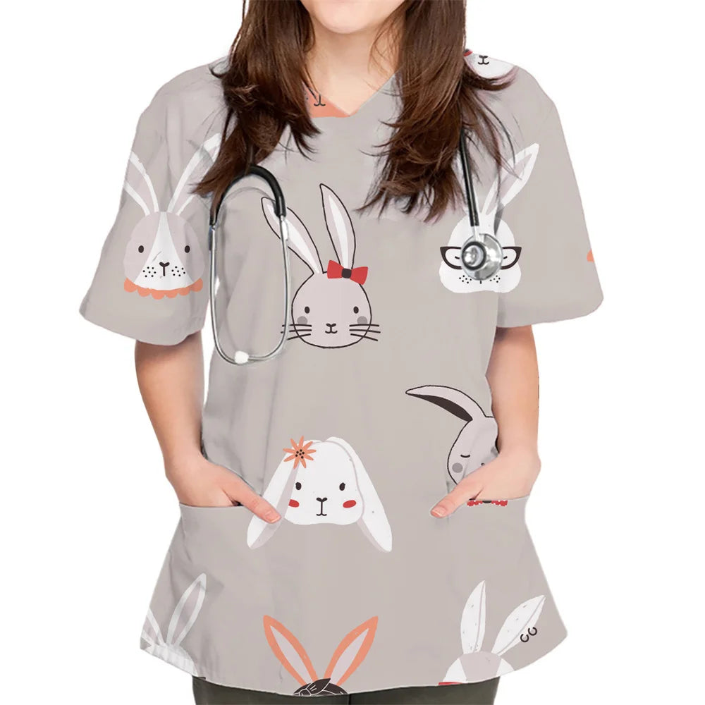 Rabbit Print V-Neck Scrub Top