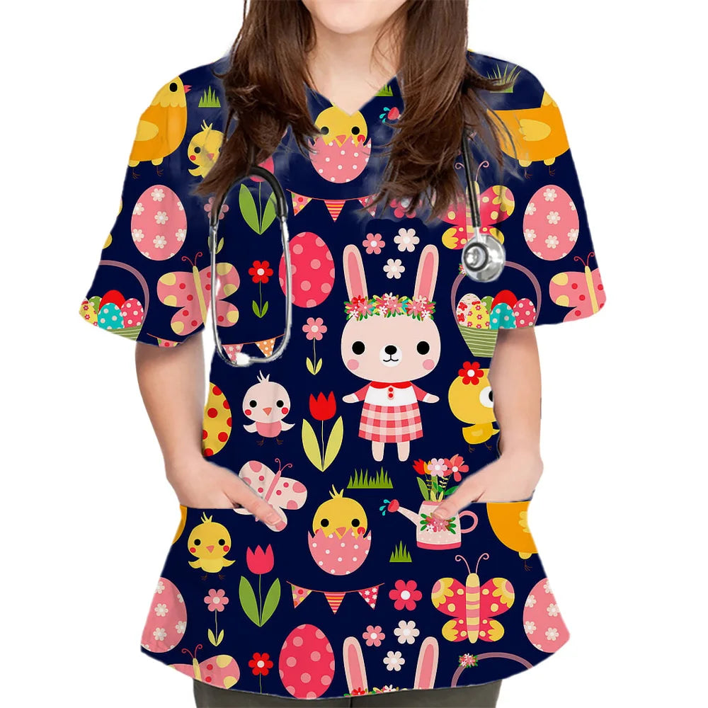 Rabbit Print V-Neck Scrub Top