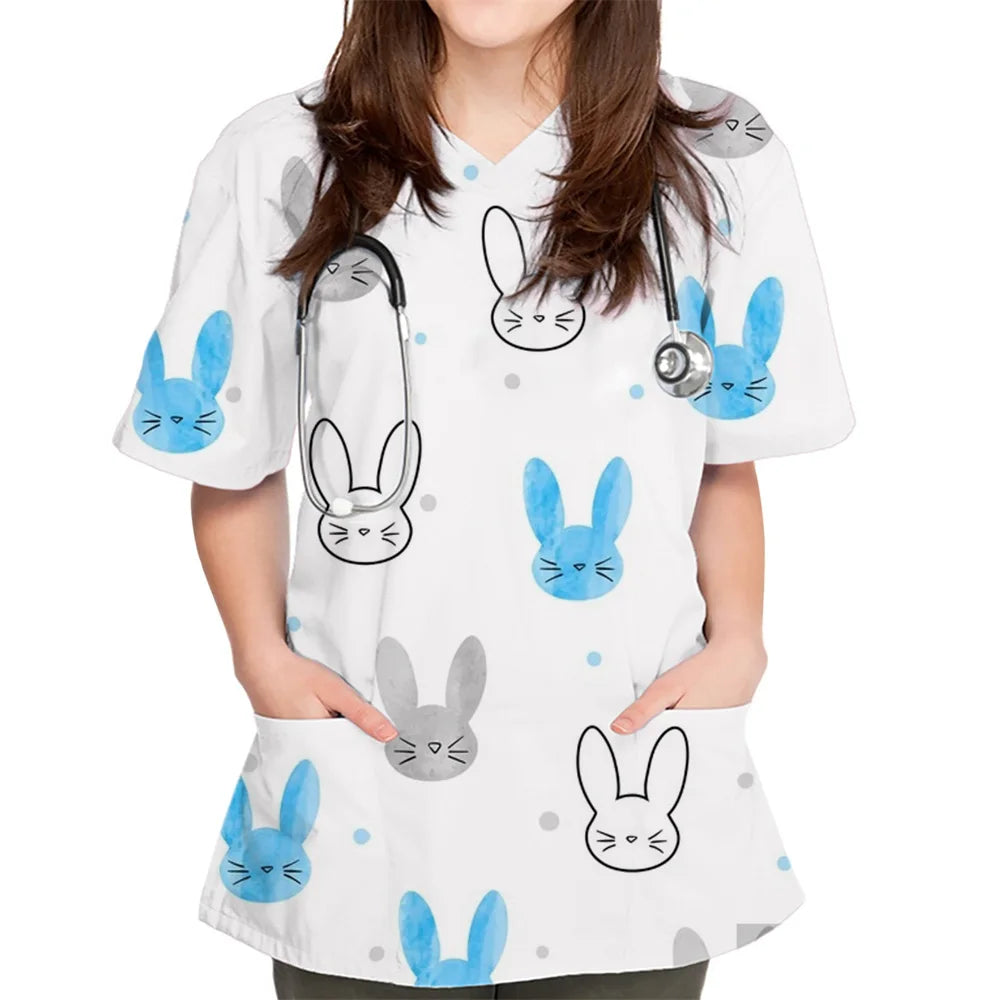 Rabbit Print V-Neck Scrub Top