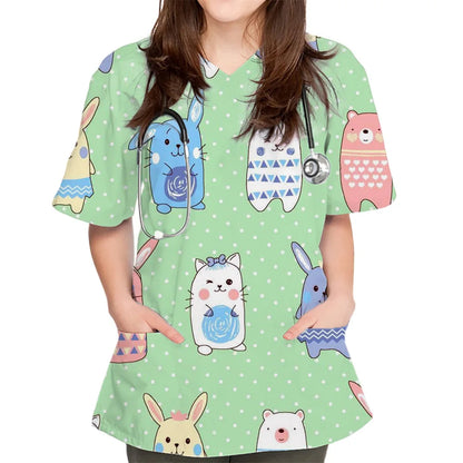 Rabbit Print V-Neck Scrub Top