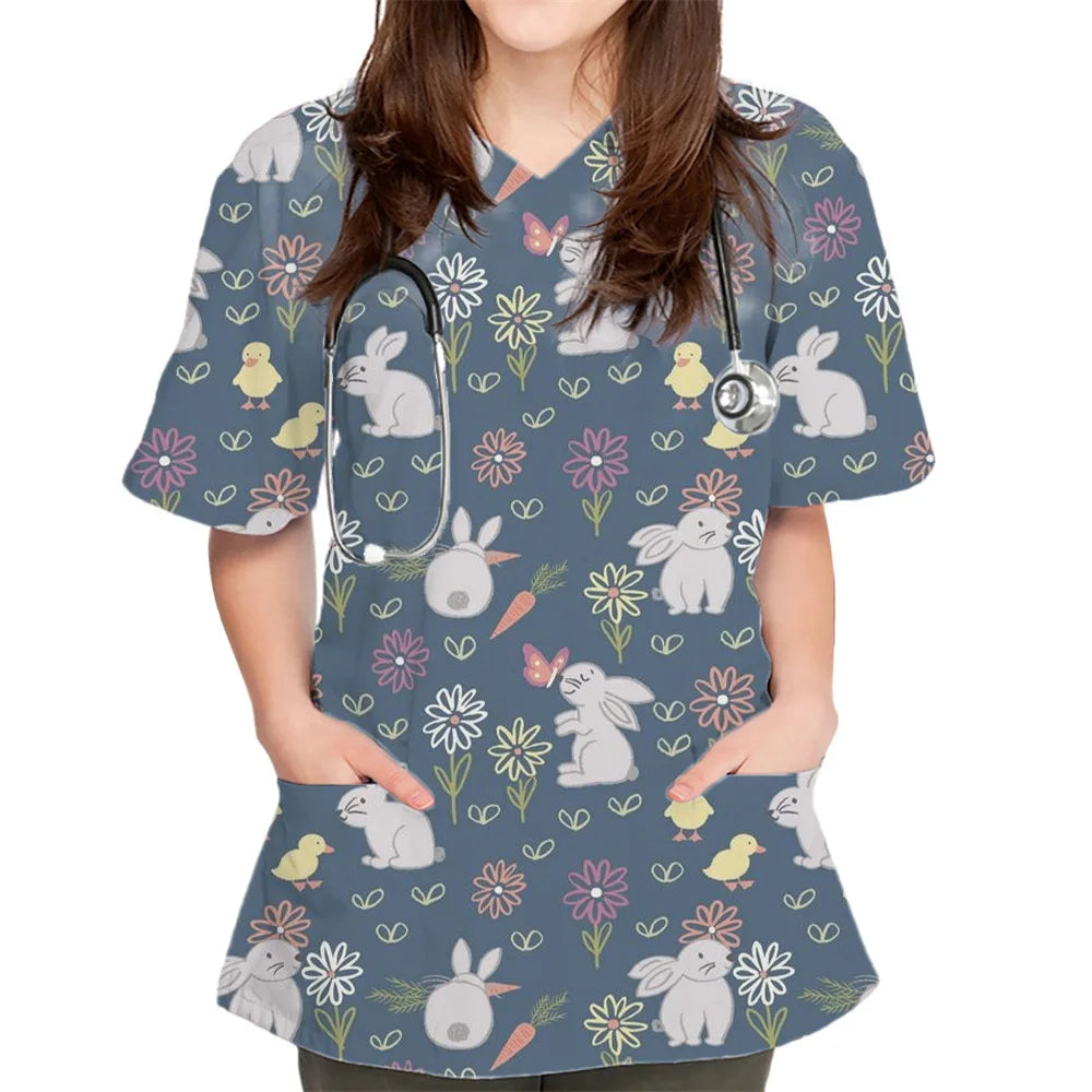 Rabbit Print V-Neck Scrub Top