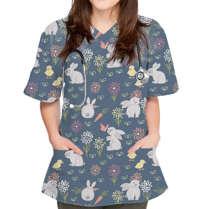 Rabbit Print V-Neck Scrub Top