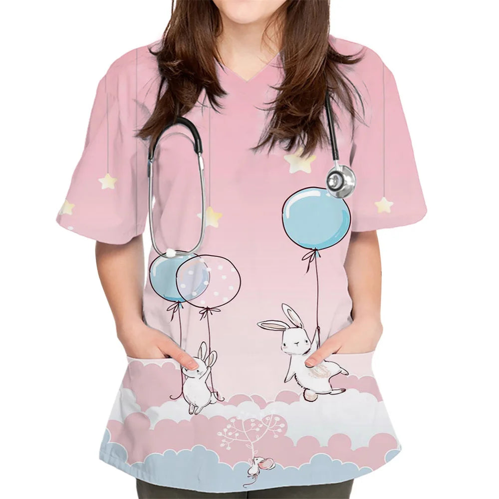 Rabbit Print V-Neck Scrub Top